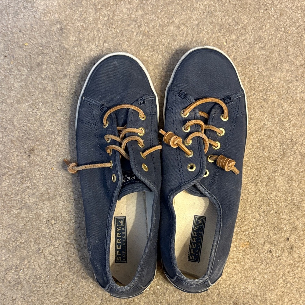 Sperry Dark Blue Slip-Ons  with Tan Laces